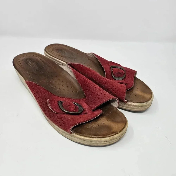 Fly Flot Red Leather Wedge Sandals Size 41  Anatomic Anti Shock Slip On Slides - Picture 2 of 10